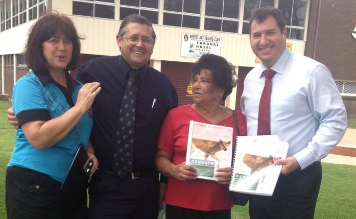 Save Fraser Island Dingoes representative Karin Kilpatrick, MP Ted Sorensen, Butchulla elder Aunty Marie Wilkinson and Environment Minister Andrew Powell at the release of the review into the Fraser Island Dingo Management Strategy. Save Fraser Island Dingoes representative Karin Kilpatrick, MP Ted Sorensen, Butchulla elder Aunty Marie Wilkinson and Environment Minister Andrew Powell at the release of the review into the Fraser Island Dingo Management Strategy.