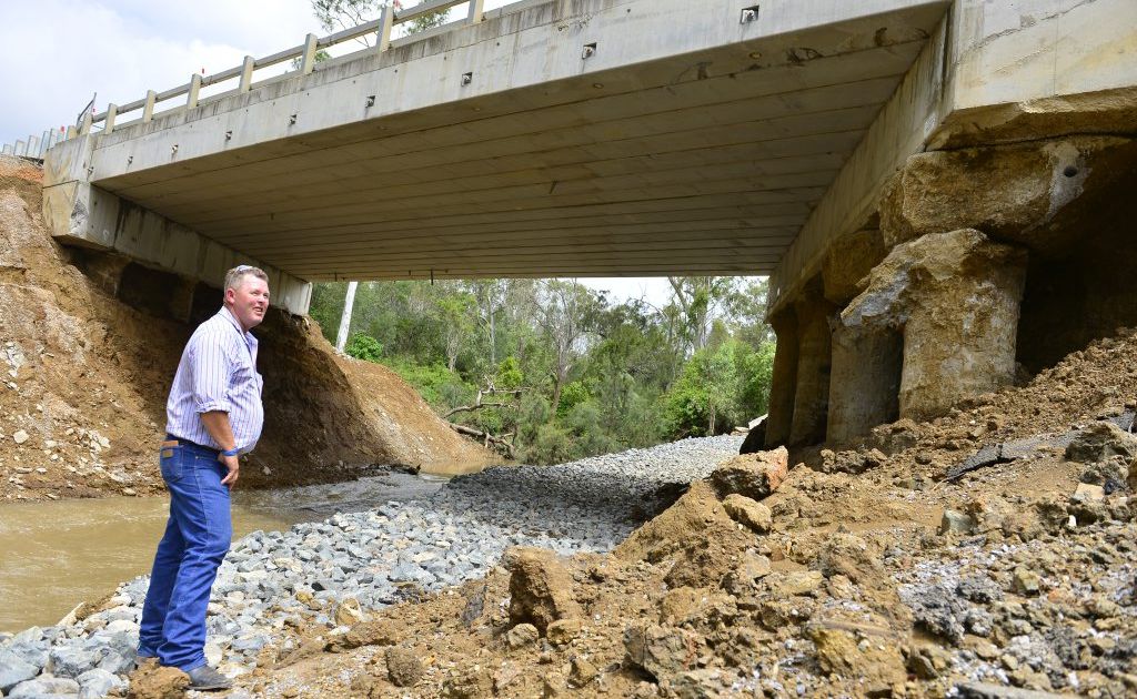 Agforce regional representative Leo Neill-Ballantine stands near the structurally damaged bridge on the Dawson Hwy, just west of Calliope. Agforce regional representative Leo Neill-Ballantine stands near the structurally damaged bridge on the Dawson Hwy, just west of Calliope.