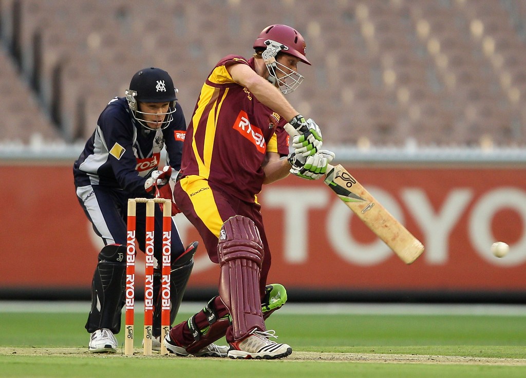Jason Floros of the Bulls plays a shot during the Ryobi One Day Cup final match between the Victorian Bushrangers and the Queensland Bulls at Melbourne Cricket Ground on February 27, 2013 in Melbourne, Australia. Jason Floros of the Bulls plays a shot during the Ryobi One Day Cup final match between the Victorian Bushrangers and the Queensland Bulls at Melbourne Cricket Ground on February 27, 2013 in Melbourne, Australia.