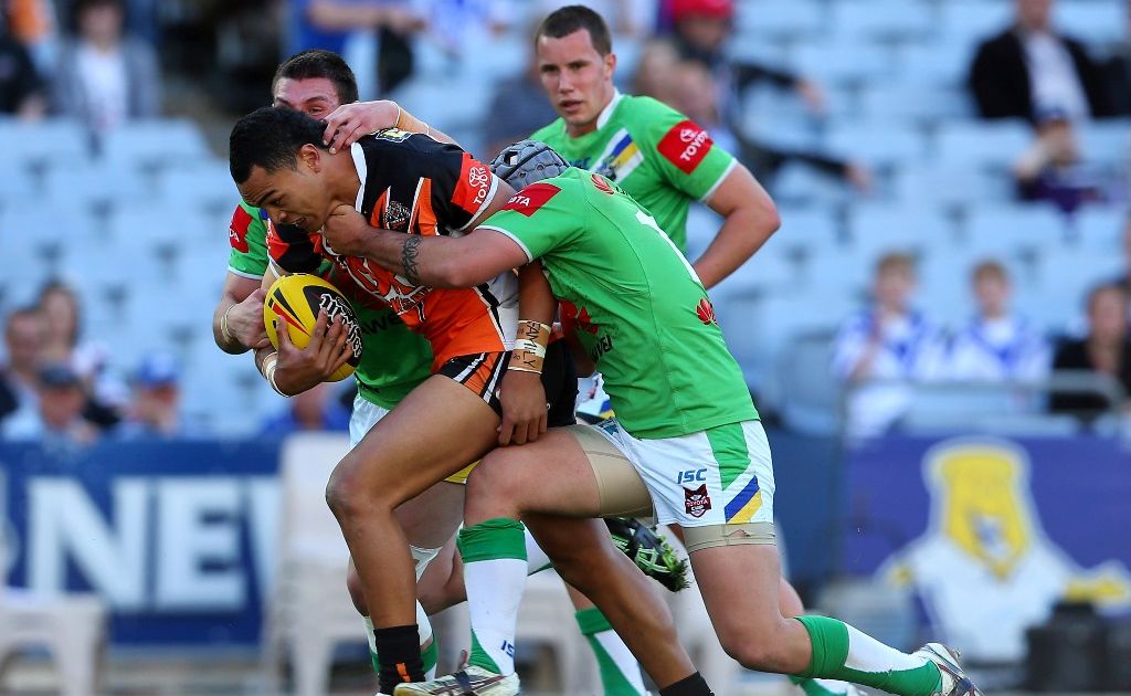 Mosese Fotuaika of the Wests Tigers. Mosese Fotuaika of the Wests Tigers.