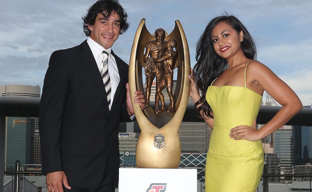 Jonathan Thurston and singer Jessica Mauboy pose with the premiership trophy at the 2013 NRL season launch. Jonathan Thurston and singer Jessica Mauboy pose with the premiership trophy at the 2013 NRL season launch.