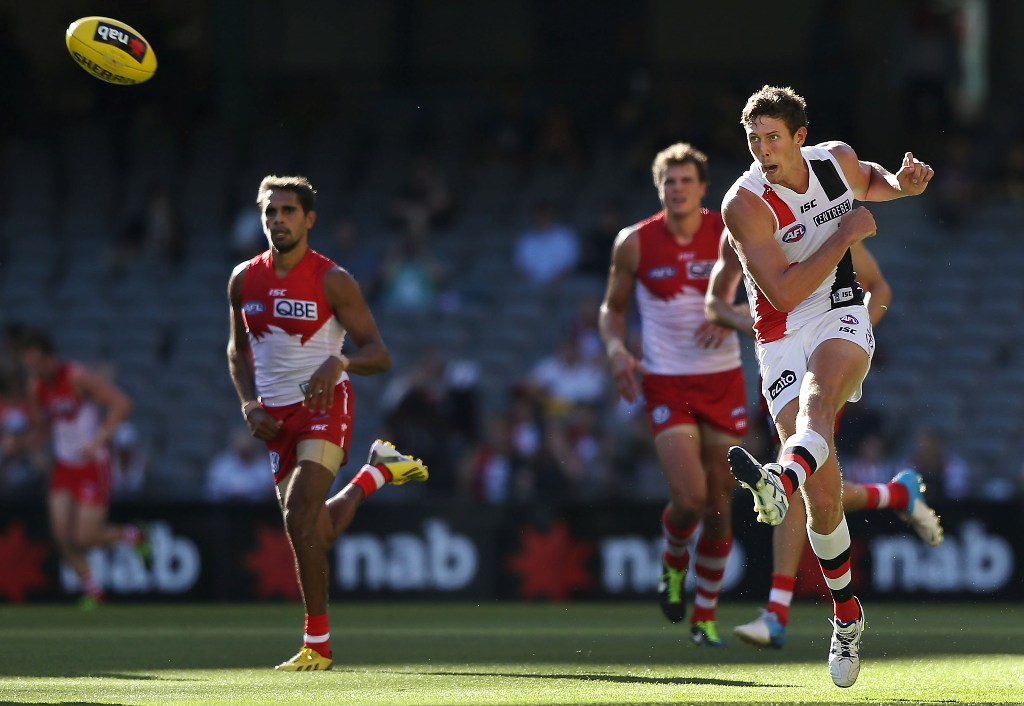Tom Hickey of the St.Kilda Saints kicks the ball during the round two AFL NAB Cup match between the St Kilda Saints and the Sydney Swans at Etihad Stadium on March 3, 2013 in Melbourne, Australia. Tom Hickey of the St.Kilda Saints kicks the ball during the round two AFL NAB Cup match between the St Kilda Saints and the Sydney Swans at Etihad Stadium on March 3, 2013 in Melbourne, Australia.