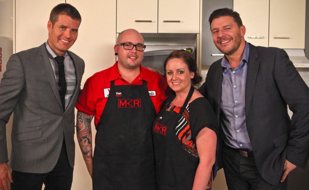 My Kitchen Rules contestants Dan and Steph Mulheron with judges Pete Evans and Manu Feildel. My Kitchen Rules contestants Dan and Steph Mulheron with judges Pete Evans and Manu Feildel.