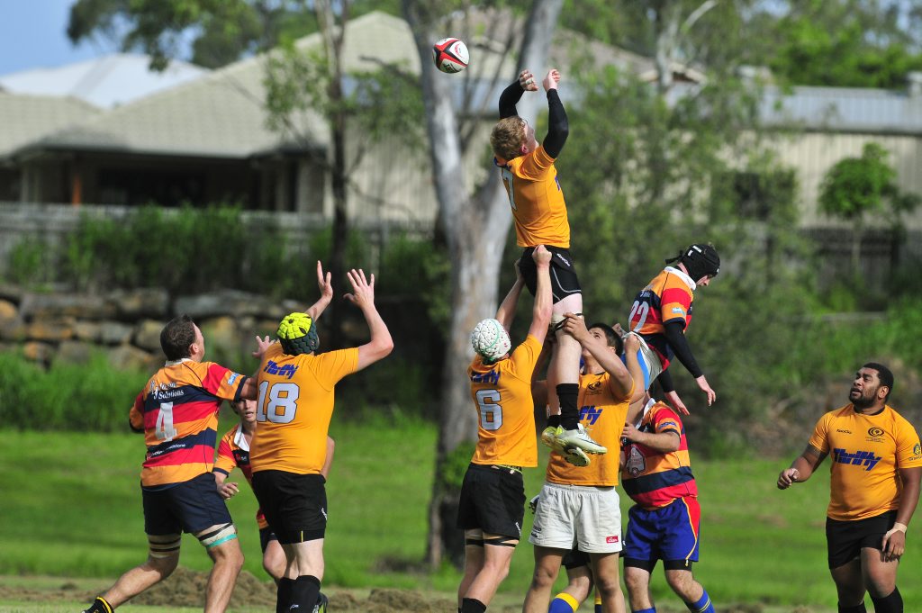 Rugby Union, CQ Brahmans vs GRUFC, Meteor's Oval, Gladstone. CQ Brahmans players fly for the ball. Rugby Union, CQ Brahmans vs GRUFC, Meteor's Oval, Gladstone. CQ Brahmans players fly for the ball.