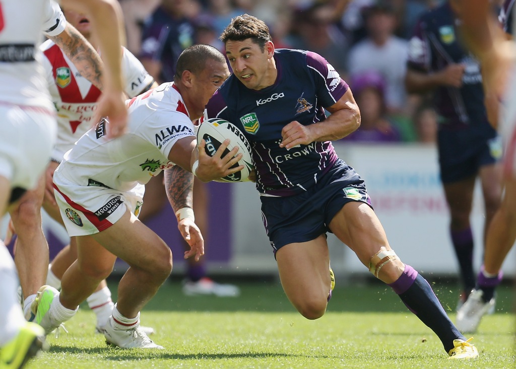 Billy Slater of the Storm beats a tackle as he runs in to score the first try of the game during the round one NRL match between the Melbourne Storm and the St George Illawarra Dragons at AAMI Park on March 10, 2013 in Melbourne, Australia. Billy Slater of the Storm beats a tackle as he runs in to score the first try of the game during the round one NRL match between the Melbourne Storm and the St George Illawarra Dragons at AAMI Park on March 10, 2013 in Melbourne, Australia.