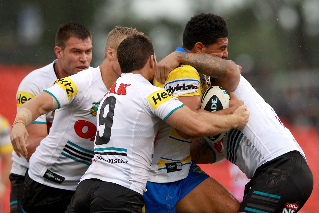 Kelepi Tanginoa of the Eels is tackled during the NRL Trial match between the Penrith Panthers and the Parramatta Eels at Centrebet Stadium on February 23, 2013 in Sydney, Australia. Kelepi Tanginoa of the Eels is tackled during the NRL Trial match between the Penrith Panthers and the Parramatta Eels at Centrebet Stadium on February 23, 2013 in Sydney, Australia.