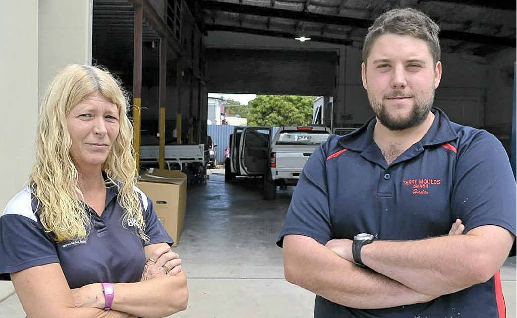 TURN-OFF: Bree Llewellen and Hadon James at Terry Mould Smash Repairs. TURN-OFF: Bree Llewellen and Hadon James at Terry Mould Smash Repairs.