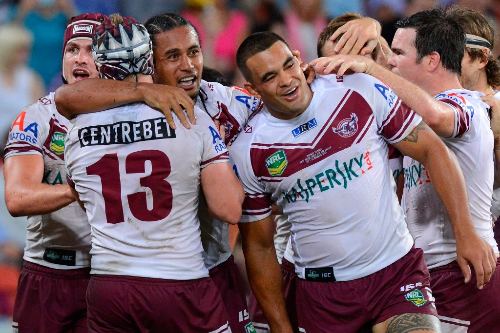 Steve Matai of the Sea Eagles celebrates with team mates after scoring a try during the round one NRL match between the Brisbane Broncos and the Manly Warringah Sea Eagles at Suncorp Stadium on March 8, 2013 in Brisbane, Australia. Steve Matai of the Sea Eagles celebrates with team mates after scoring a try during the round one NRL match between the Brisbane Broncos and the Manly Warringah Sea Eagles at Suncorp Stadium on March 8, 2013 in Brisbane, Australia.