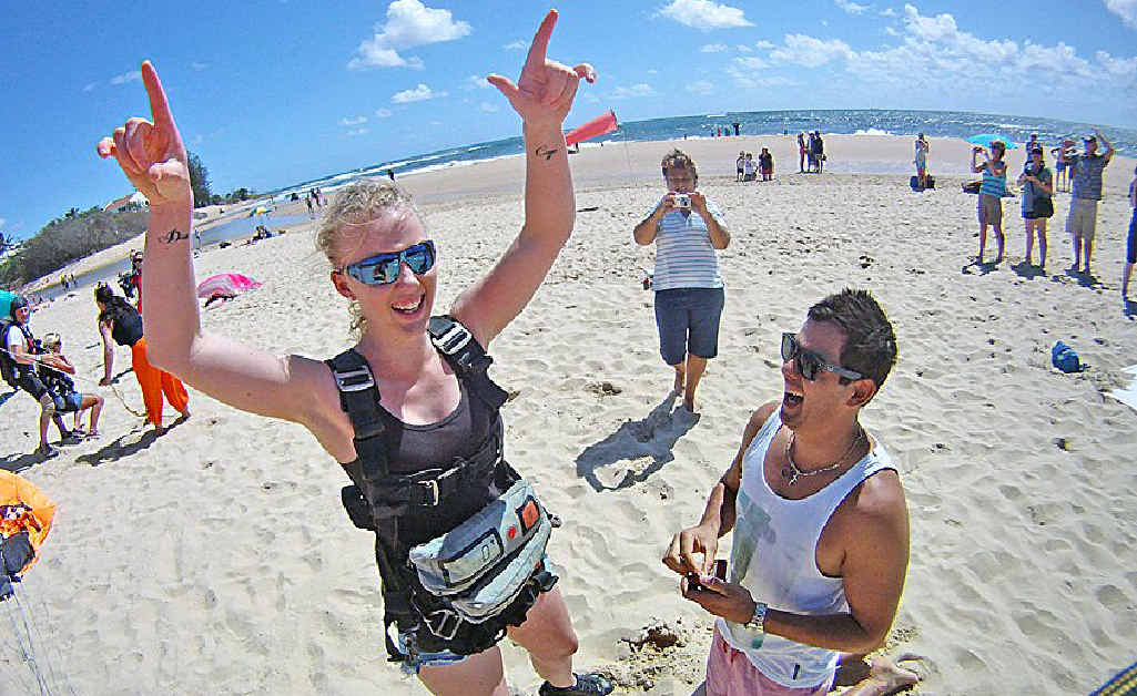 Chris Sarquis proposes to Jess Hudson after her parachute jump. Chris Sarquis proposes to Jess Hudson after her parachute jump.