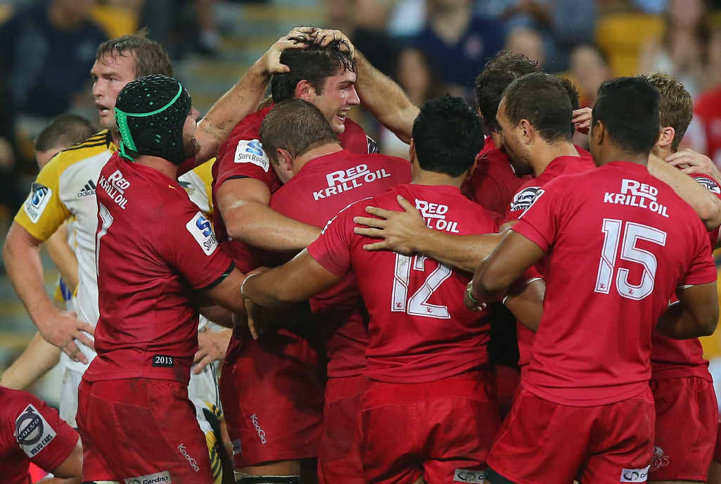 TOP JOB ROB: Reds lock Rob Simmons celebrates with teammates after scoring a try during the Reds’ match against the Hurricanes earlier this year. TOP JOB ROB: Reds lock Rob Simmons celebrates with teammates after scoring a try during the Reds’ match against the Hurricanes earlier this year.