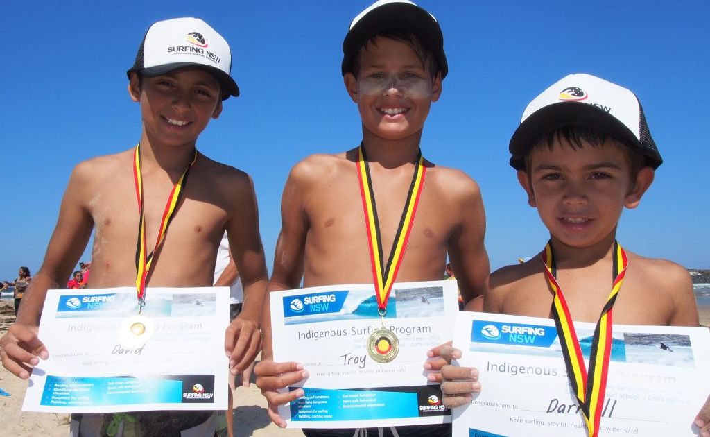 Participants from the weekend's Indigenous Surfing Program held at the North Wall on the weekend show off their medals and certificates. Picture: CONTRIBUTED Participants from the weekend's Indigenous Surfing Program held at the North Wall on the weekend show off their medals and certificates. Picture: CONTRIBUTED