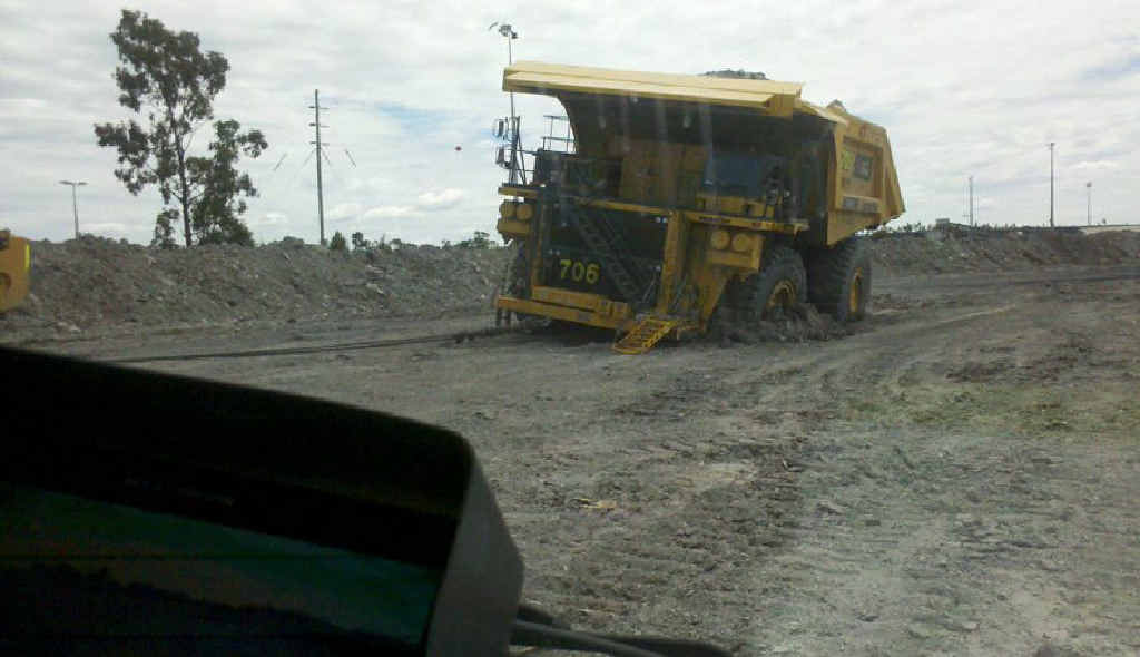 A truck gets stuck at Goonyella-Riverside mine. A truck gets stuck at Goonyella-Riverside mine.