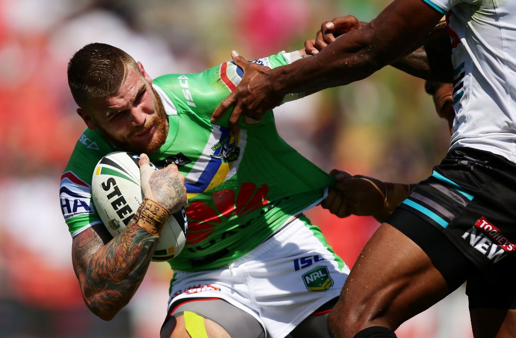 Josh Dugan of the Raiders is tackled during the round one NRL match between the Penrith Panthers and the Canberra Raiders at Centrebet Stadium on March 10, 2013 in Sydney, Australia. Josh Dugan of the Raiders is tackled during the round one NRL match between the Penrith Panthers and the Canberra Raiders at Centrebet Stadium on March 10, 2013 in Sydney, Australia.