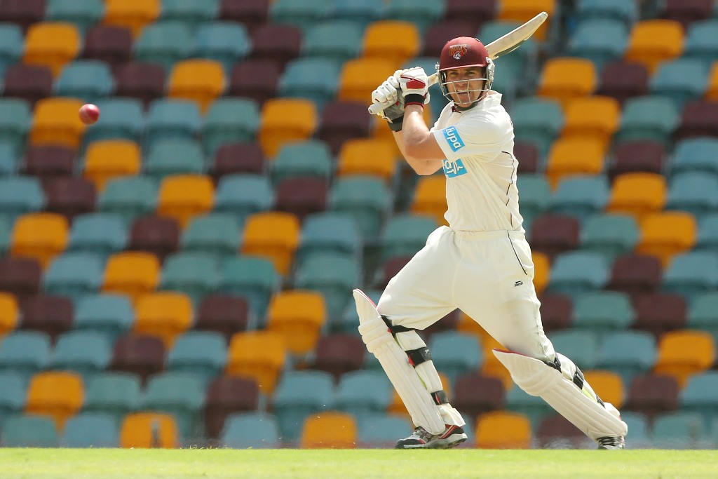 Luke Pomersbach of the Bulls bats during day four of the Sheffield Shield match between the Queensland Bulls and the Tasmanian Tigers at The Gabba on March 10, 2013 in Brisbane, Australia. Luke Pomersbach of the Bulls bats during day four of the Sheffield Shield match between the Queensland Bulls and the Tasmanian Tigers at The Gabba on March 10, 2013 in Brisbane, Australia.