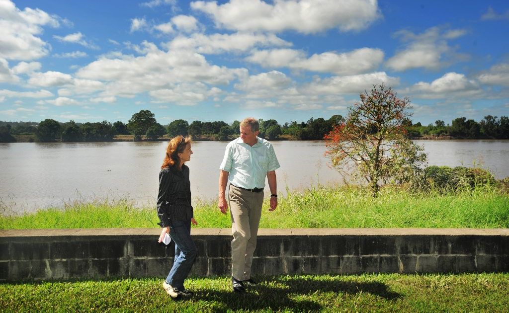 Member for Page Janelle Saffin with Minister for Regional Australia Simon Crean pictured in January 2011 walking along the levee wall together near Bacon Street at Grafton. Member for Page Janelle Saffin with Minister for Regional Australia Simon Crean pictured in January 2011 walking along the levee wall together near Bacon Street at Grafton.