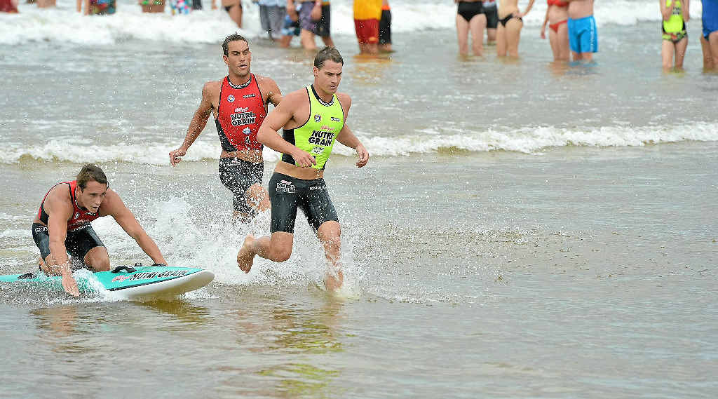 Shannon Eckstein leads Ali Day (on the board) and Matt Poole in the final round of the Ironman Series at Noosa on February 24. Shannon Eckstein leads Ali Day (on the board) and Matt Poole in the final round of the Ironman Series at Noosa on February 24.