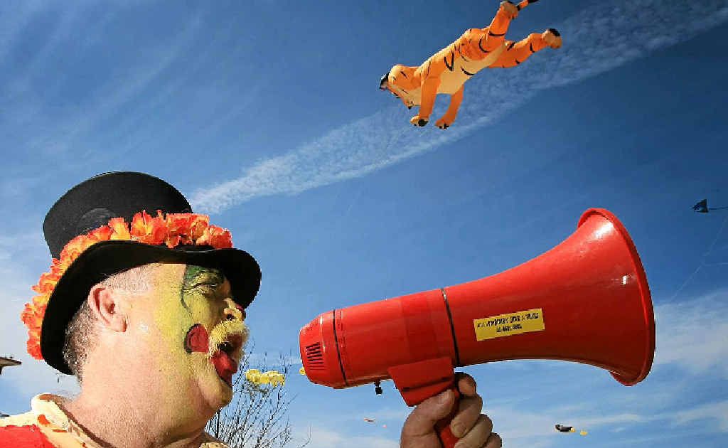 HEAR YE: Brunswick Heads Kites and Bikes Festival local Russell Siwicki on the megaphone. HEAR YE: Brunswick Heads Kites and Bikes Festival local Russell Siwicki on the megaphone.