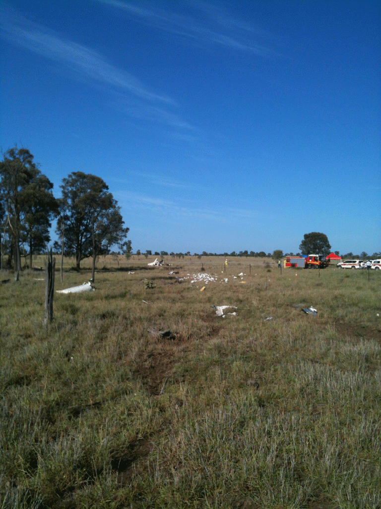 The wreckage of the light plane crash near Roma in which Toowoomba beef identity John Quintana was killed. The wreckage of the light plane crash near Roma in which Toowoomba beef identity John Quintana was killed.