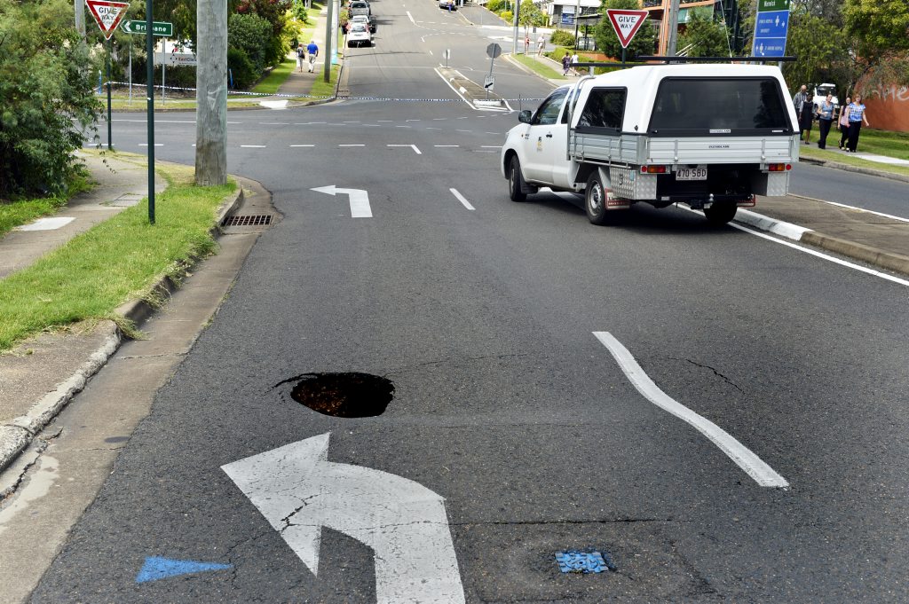 The intersection of Roderick and Gordon sts was blocked off after the sinkhole appeared about midday. The intersection of Roderick and Gordon sts was blocked off after the sinkhole appeared about midday.