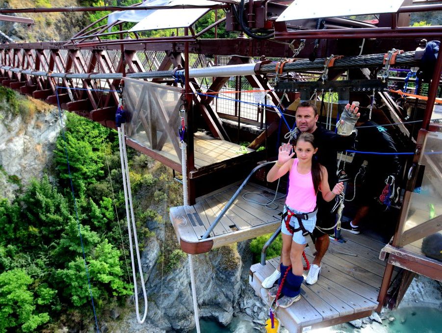 Caitlyn Thornberry, 11, prepares to take the leap of faith off the Kawarau Bridge in New Zealand. 