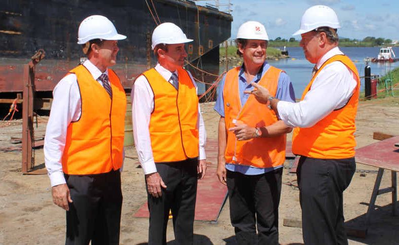 Federal Member for Cowper Luke Hartsuyker (left), Nationals candidate for Page Kevin Hogan, Harwood Marine managing director Ross Roberts and Opposition defence spokesman David Johnston discuss possible opportunities for the lower Clarence business. Photo: Contributed Federal Member for Cowper Luke Hartsuyker (left), Nationals candidate for Page Kevin Hogan, Harwood Marine managing director Ross Roberts and Opposition defence spokesman David Johnston discuss possible opportunities for the lower Clarence business. Photo: Contributed