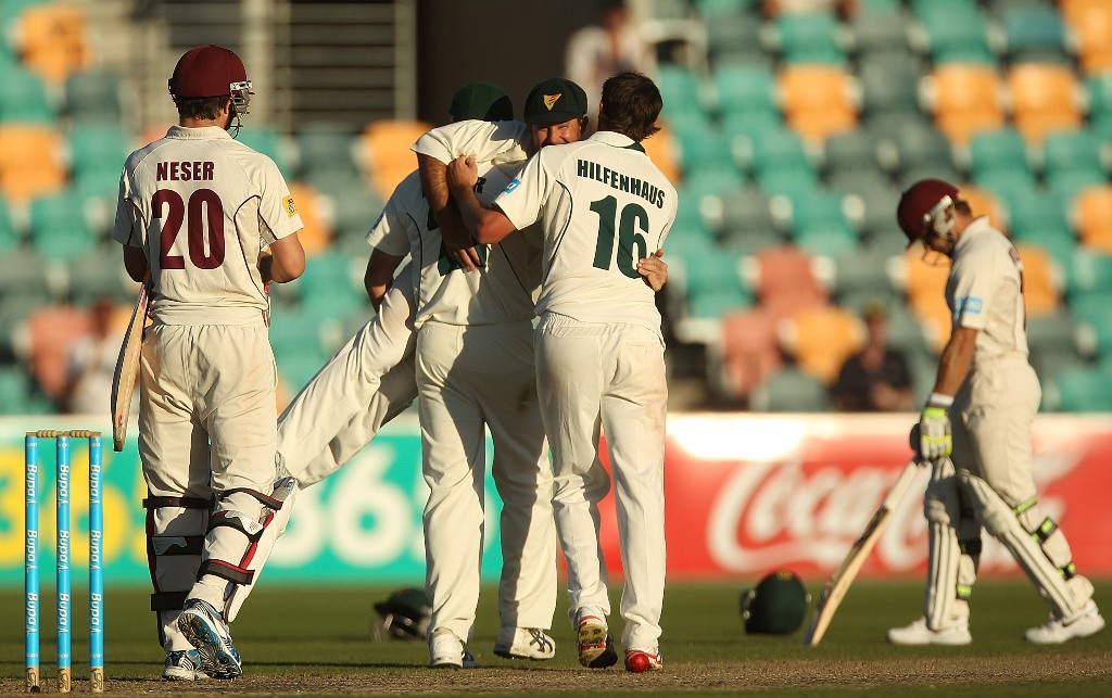 Ricky Ponting of the Tigers is picked up by teammates James Faulkner and Ben Hilfenhaus in celebration of victory in the Sheffield Shield final between the Tasmania Tigers and the Queensland Bulls at Blundstone Arena on March 26, 2013 in Hobart, Australia. Ricky Ponting of the Tigers is picked up by teammates James Faulkner and Ben Hilfenhaus in celebration of victory in the Sheffield Shield final between the Tasmania Tigers and the Queensland Bulls at Blundstone Arena on March 26, 2013 in Hobart, Australia.