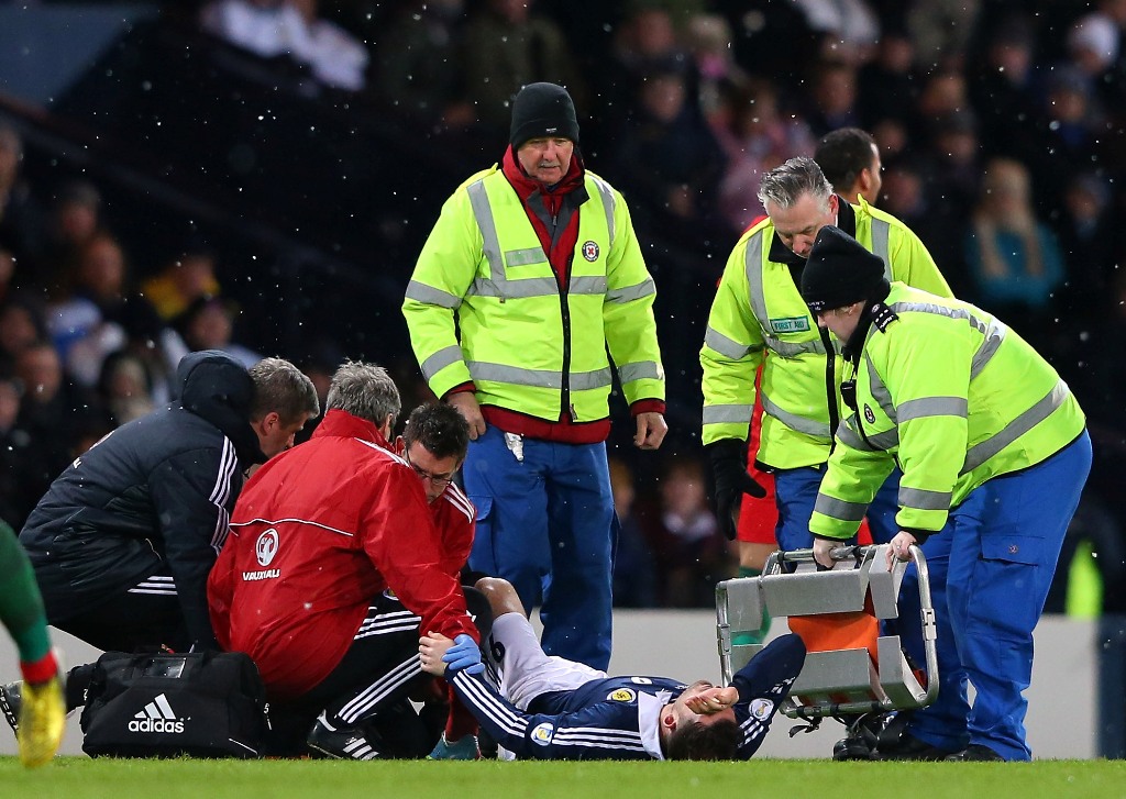 Steven Fletcher of Scotland lies injured during the FIFA 2014 World Cup Group A qualifying match between Scotland and Wales at Hampden Park on March 22, 2013 in Glasgow, Scotland. Steven Fletcher of Scotland lies injured during the FIFA 2014 World Cup Group A qualifying match between Scotland and Wales at Hampden Park on March 22, 2013 in Glasgow, Scotland.
