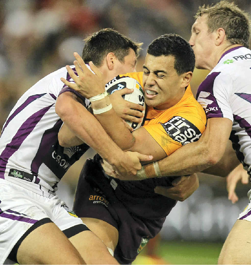QUICKER PACE: Broncos debutant Jordan Kahu finds himself under seige against the Storm on Friday night. QUICKER PACE: Broncos debutant Jordan Kahu finds himself under seige against the Storm on Friday night.