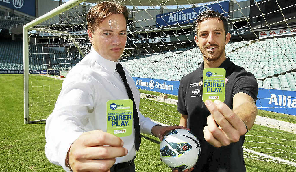 ALL FOR THE SENTIMENT: Former Socceroo Mark Bosnich and Western Sydney Wanderers reserve keeper Jerrad Tyson promote the ME Bank Green Card for Fairer Play Award at Sydney’s Allianz Stadium last week. ALL FOR THE SENTIMENT: Former Socceroo Mark Bosnich and Western Sydney Wanderers reserve keeper Jerrad Tyson promote the ME Bank Green Card for Fairer Play Award at Sydney’s Allianz Stadium last week.