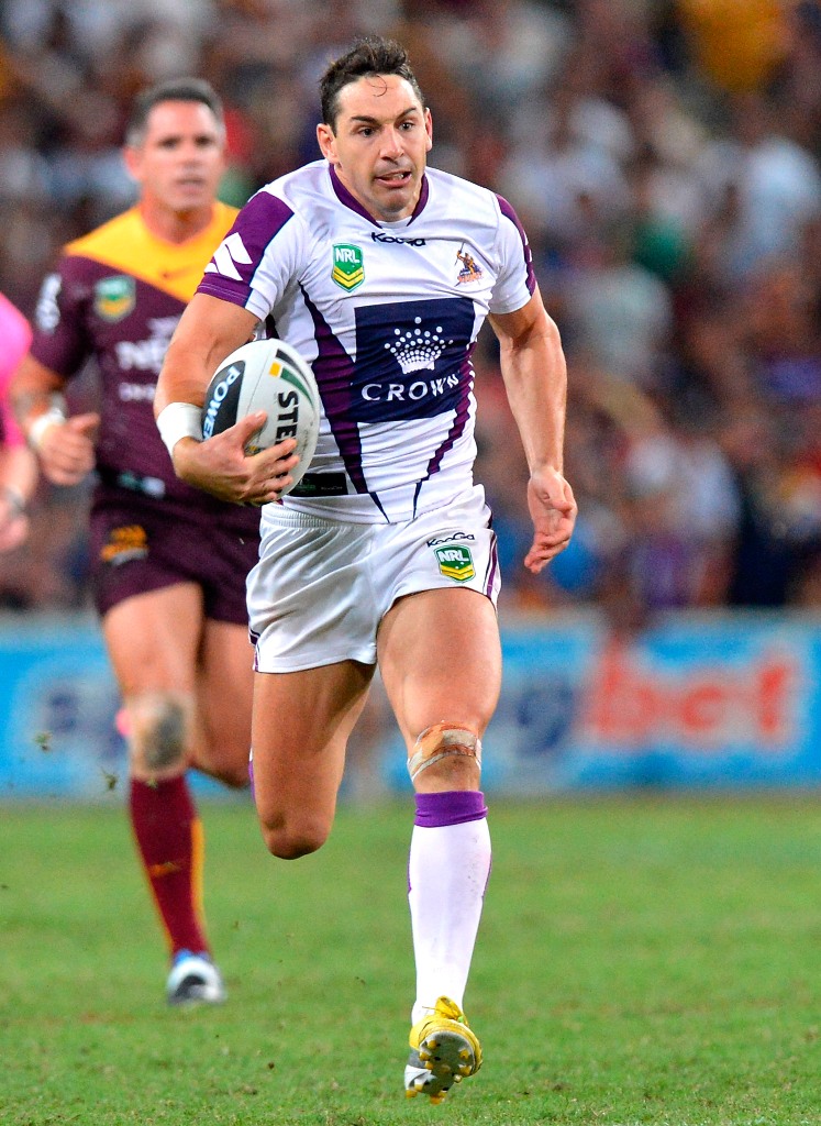 Billy Slater of the Storm runs with the ball after breaking free from the defence during the round four NRL match between the Brisbane Broncos and the Melbourne Storm at Suncorp Stadium on March 29, 2013 in Brisbane, Australia. Billy Slater of the Storm runs with the ball after breaking free from the defence during the round four NRL match between the Brisbane Broncos and the Melbourne Storm at Suncorp Stadium on March 29, 2013 in Brisbane, Australia.