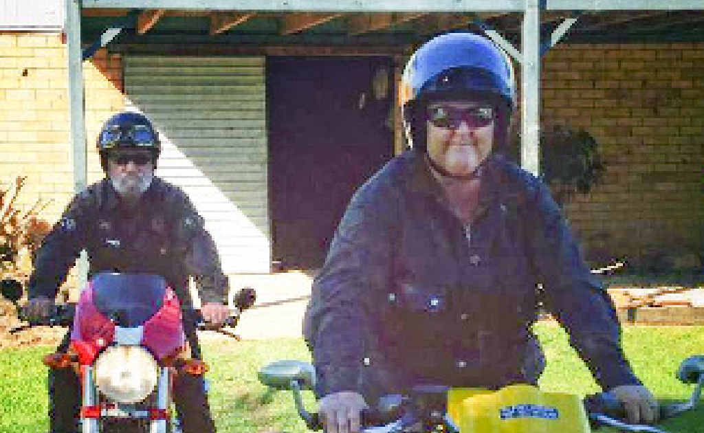 Stacey Heydon (front) and her husband Colin on their motorbikes. Stacey Heydon (front) and her husband Colin on their motorbikes.