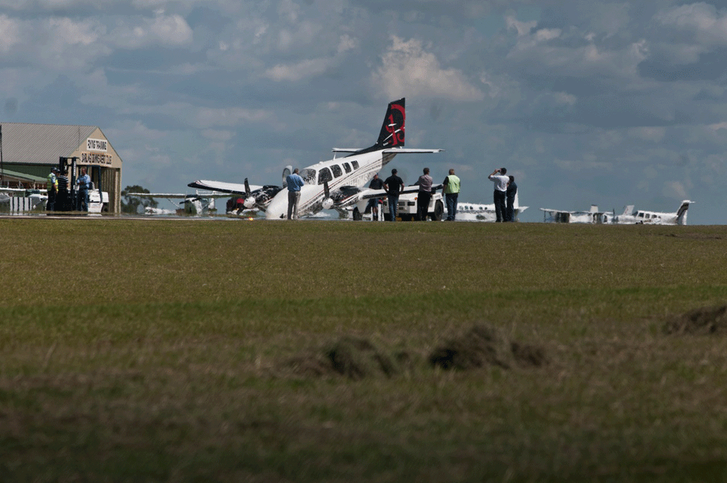 Two people on board this plane escaped without injury when its nose gear failed while landing at the Toowoomba Airport. Two people on board this plane escaped without injury when its nose gear failed while landing at the Toowoomba Airport.