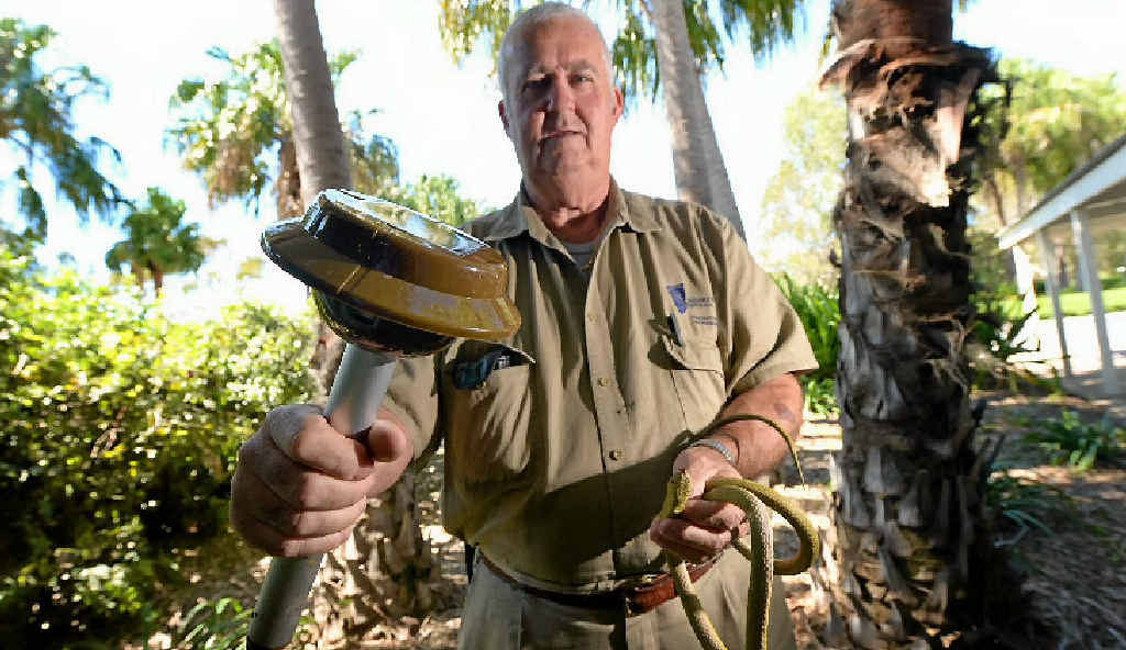 SLITHER OFF: Dennis Simon has installed snake repellers at the CQ University to keep the snakes away. (Yes, that is a fake snake.) SLITHER OFF: Dennis Simon has installed snake repellers at the CQ University to keep the snakes away. (Yes, that is a fake snake.)