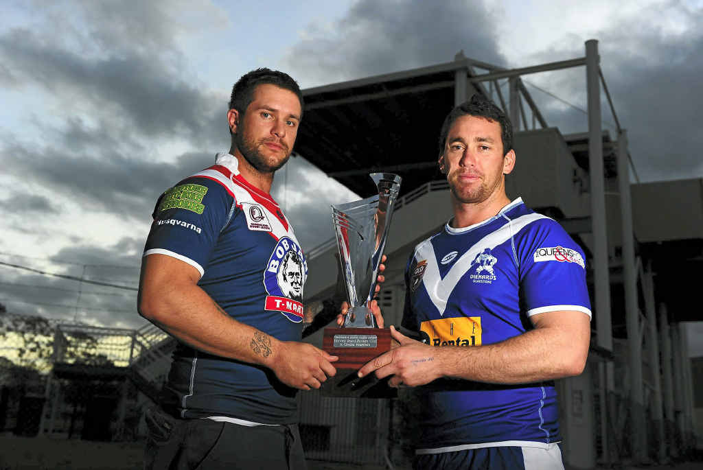 IT’S ON: Calliope co-captain Josh Cordoba and Valleys captain Aaron Hall with the Harvey Road Tavern Cup. Their teams will be in action on Sunday. IT’S ON: Calliope co-captain Josh Cordoba and Valleys captain Aaron Hall with the Harvey Road Tavern Cup. Their teams will be in action on Sunday.
