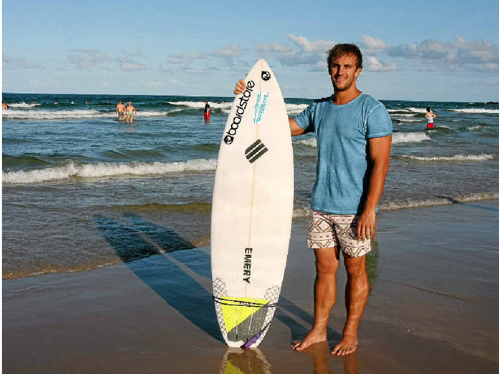UNSUNG HERO: Adam Sellars, of Coolum, back on Coolum Beach where he rescued six people on his surfboard on Easter Sunday. UNSUNG HERO: Adam Sellars, of Coolum, back on Coolum Beach where he rescued six people on his surfboard on Easter Sunday.