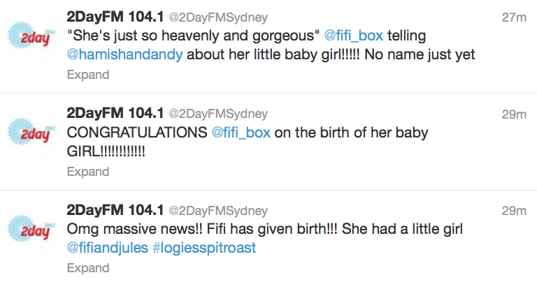 Some of the tweets from the @2DayFMSydney Twitter account. Some of the tweets from the @2DayFMSydney Twitter account.