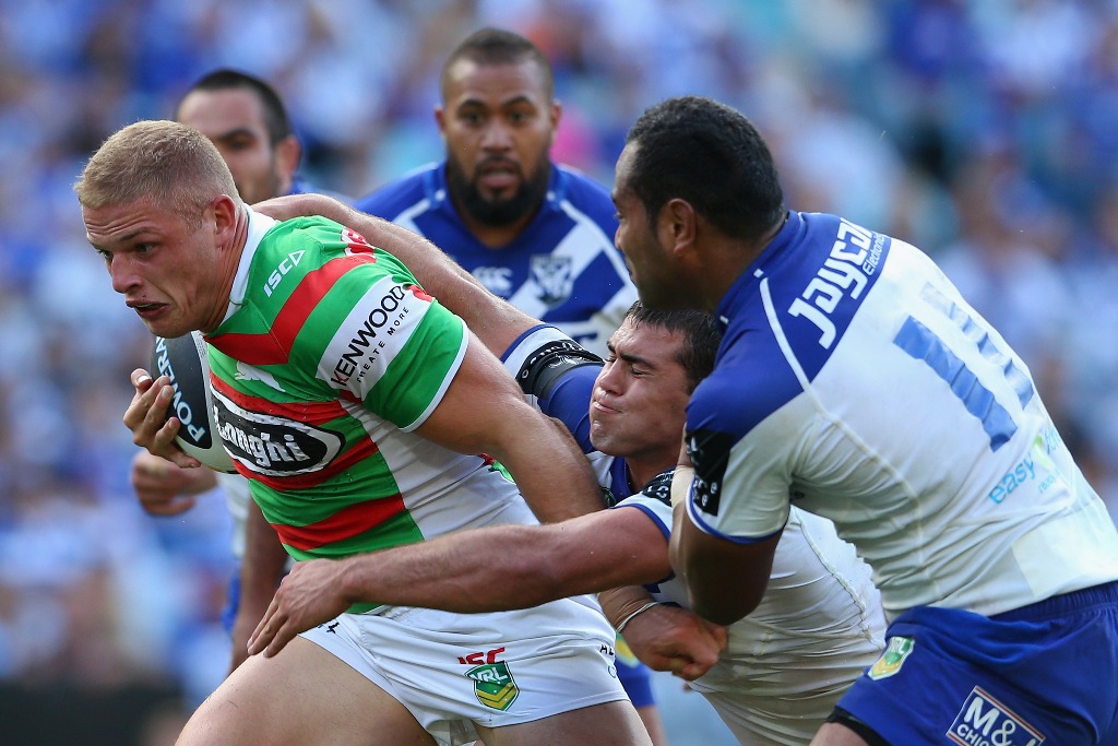 George Burgess of the Rabbitohs makes a break during the round four NRL match between the Canterbury Bulldogs and the South Sydney Rabbitohs at ANZ Stadium on March 29, 2013 in Sydney, Australia. George Burgess of the Rabbitohs makes a break during the round four NRL match between the Canterbury Bulldogs and the South Sydney Rabbitohs at ANZ Stadium on March 29, 2013 in Sydney, Australia.