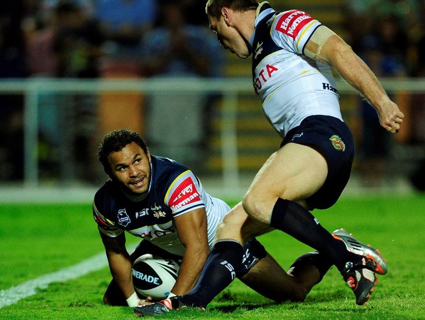 Matt Bowen of the Cowboys scores a try while team mate Brent Tate celebrates during the round six NRL match between the North Queensland Cowboys and the Melbourne Storm at Dairy Farmers Stadium on April 8, 2012 in Townsville, Australia. Matt Bowen of the Cowboys scores a try while team mate Brent Tate celebrates during the round six NRL match between the North Queensland Cowboys and the Melbourne Storm at Dairy Farmers Stadium on April 8, 2012 in Townsville, Australia.