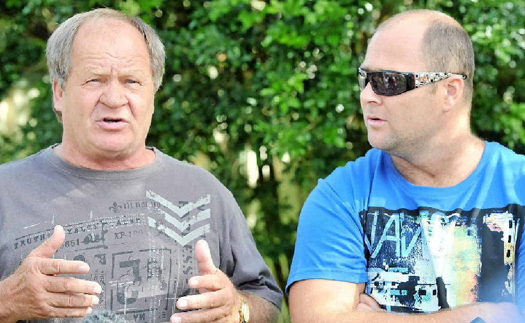 CLOSE: Tommy and his son Lincoln Raudonnikis in Ballina yesterday. CLOSE: Tommy and his son Lincoln Raudonnikis in Ballina yesterday.
