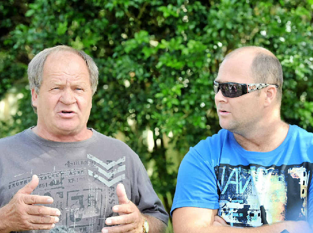 CLOSE: Tommy and his son Lincoln Raudonnikis in Ballina yesterday. CLOSE: Tommy and his son Lincoln Raudonnikis in Ballina yesterday.