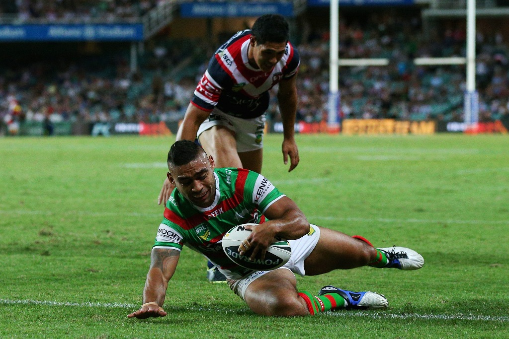 Nathan Merritt of the Rabbitohs scores a try during the round one NRL match between the Sydney Roosters and the South Sydney Rabbitohs at Allianz Stadium on March 7, 2013 in Sydney, Australia. Nathan Merritt of the Rabbitohs scores a try during the round one NRL match between the Sydney Roosters and the South Sydney Rabbitohs at Allianz Stadium on March 7, 2013 in Sydney, Australia.