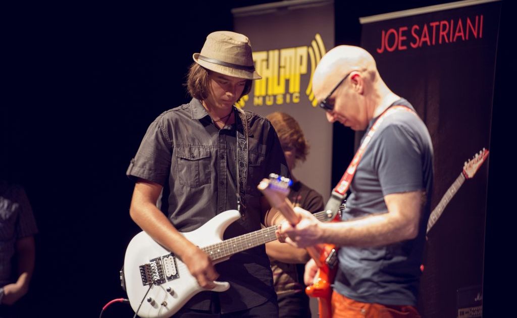 Young talent Jack Blandford with Joe Satriani at Joe's recent tour hosted by Thump Music. Young talent Jack Blandford with Joe Satriani at Joe's recent tour hosted by Thump Music.