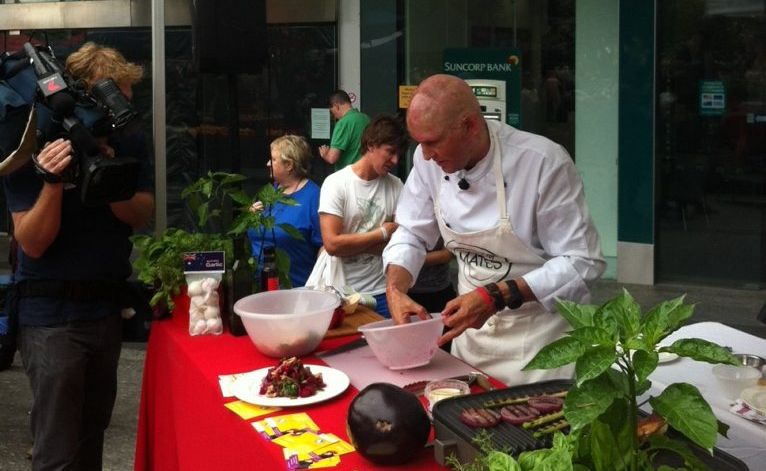 Noosa chef Matt Golinksi had his first public cooking demo at Jan Powers Farmers Market in Brisbane Square, since tragically losing his family in a fire on Boxing Day 2011. Noosa chef Matt Golinksi had his first public cooking demo at Jan Powers Farmers Market in Brisbane Square, since tragically losing his family in a fire on Boxing Day 2011.