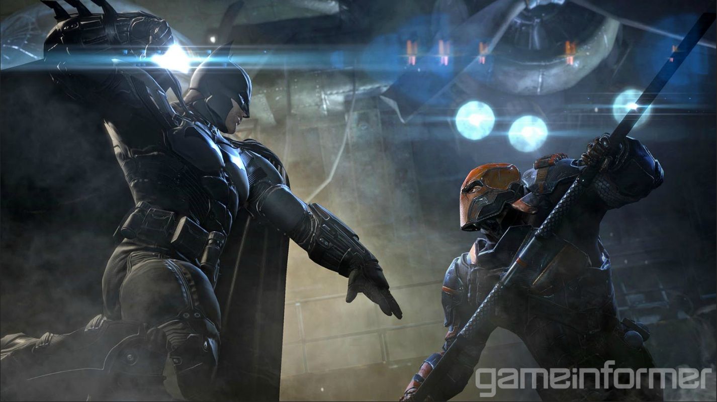 The Dark Knight taking on assassin Deathstroke in a screenshot from upcoming Batman: Arkham Origins. The Dark Knight taking on assassin Deathstroke in a screenshot from upcoming Batman: Arkham Origins.