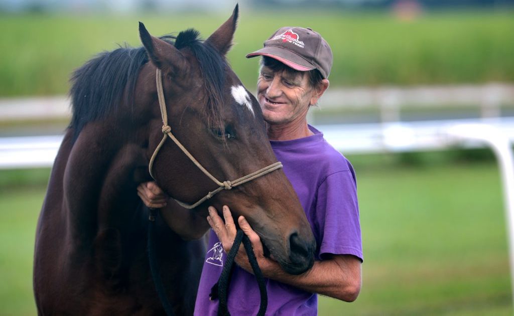 Straper/Track rider Jamie Vurlow with the daughter of Mearas. Racing soon for the first time. Trainer Neville Boyle. Straper/Track rider Jamie Vurlow with the daughter of Mearas. Racing soon for the first time. Trainer Neville Boyle.