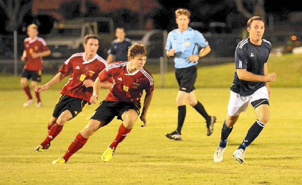 CQFC Energy’s Dylan Kussrow (white shorts) will play Brisbane Strikers at Rugby Park tonight in round five of the Australian Premier League. CQFC Energy’s Dylan Kussrow (white shorts) will play Brisbane Strikers at Rugby Park tonight in round five of the Australian Premier League.