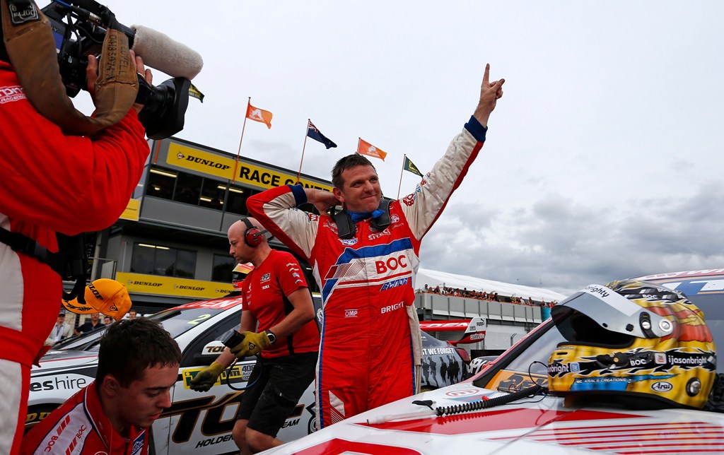 An emotional Jason Bright of Team BOC celebrates winning the Jason Richards Memorial Trophy after Race 9 of the ITM 400 V8 Supercars race on April 14, 2013 in Auckland, New Zealand. An emotional Jason Bright of Team BOC celebrates winning the Jason Richards Memorial Trophy after Race 9 of the ITM 400 V8 Supercars race on April 14, 2013 in Auckland, New Zealand.