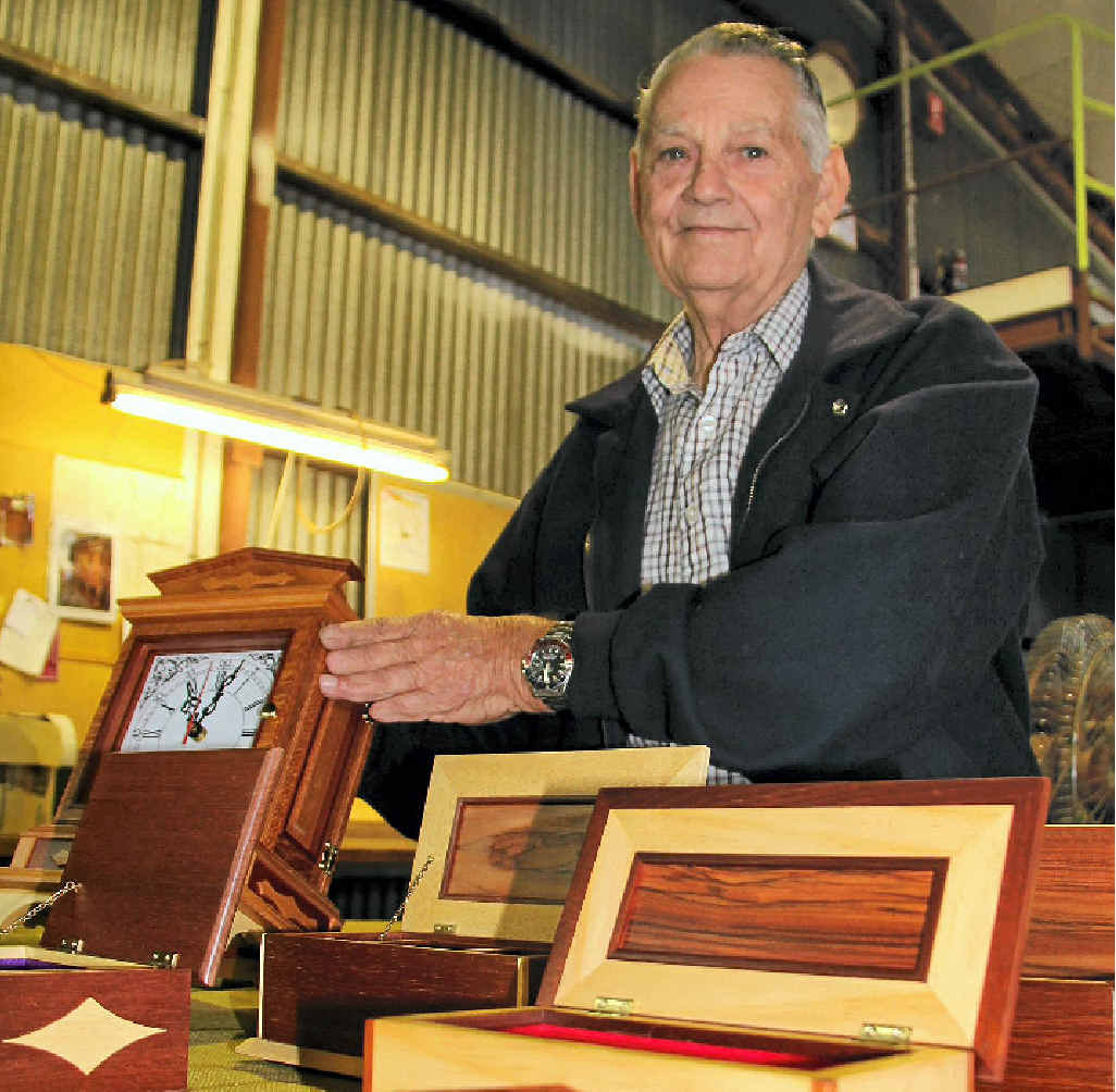 John Madsen from the Warwick Woodcrafters with some of his jewellery boxes and a clock he built.