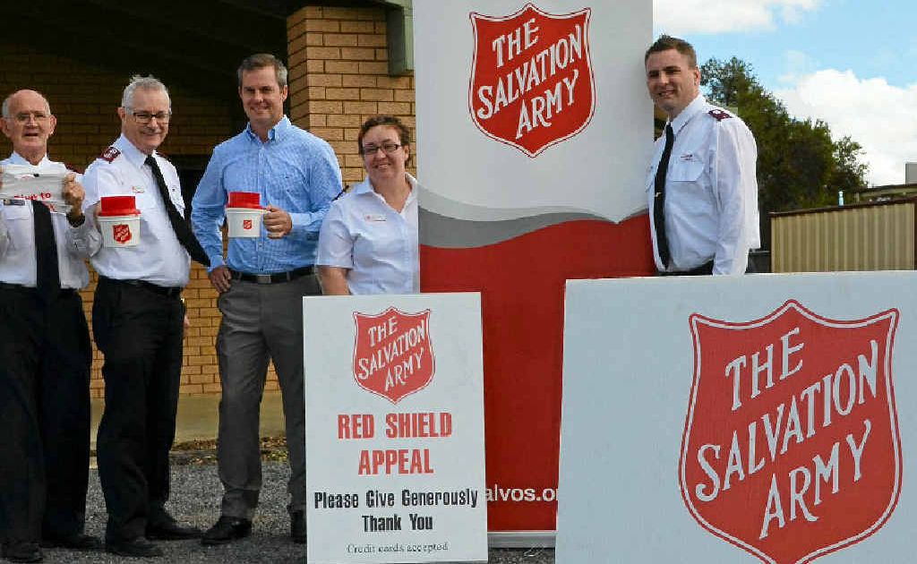 Aux-Captain Terry Cantrill, Major Neil Dickson, David Cassels and Warwick Salvation Army lieutenants Lydia and Steve Spencer gear up for the Red Shield Appeal. Aux-Captain Terry Cantrill, Major Neil Dickson, David Cassels and Warwick Salvation Army lieutenants Lydia and Steve Spencer gear up for the Red Shield Appeal.