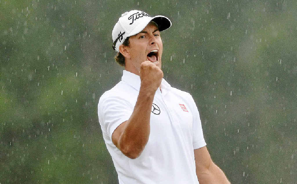 Adam Scott reacts after sinking a birdie putt during the fourth round of the Masters at Augusta National Golf Club. Adam Scott reacts after sinking a birdie putt during the fourth round of the Masters at Augusta National Golf Club.